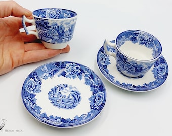 Antique Set of Two Tea Cups & Dishes - 1917 - Enoch Woods English Scenery, Wood and Sons ENGLAND in Blue/White Tone - Tea party set gift.