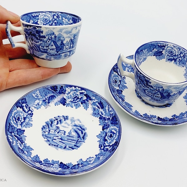 Antique Set of Two Tea Cups & Dishes - 1917 - Enoch Woods English Scenery, Wood and Sons ENGLAND in Blue/White Tone - Teaparty set gift.