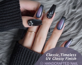 Runbby  3D Black & Purple Chrome Medium Almond Press On Nails; Reusable Press On Nails, Acrylic Nails with Crystal and Sparkle Design.