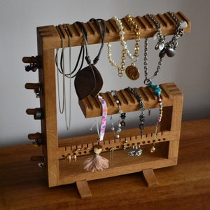 Wooden Desktop Jewelry Organizer, Necklace Bracelet Ring and Earring Holder, All-In-One Oak Jewelry Organizer