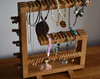 Holz Desktop Schmuck Organizer, Halskette Armband Ring und Ohrring Halter, All-In-One Eiche Schmuck Organizer