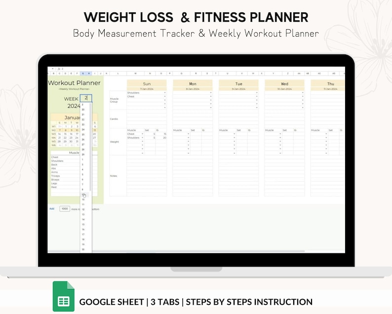 Weight Loss and Fitness Workout Planner Google Sheets Calorie Tracker