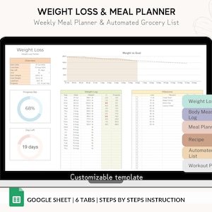 Wekelijkse maaltijdplanner en gewichtsverliestracker, Google Spreadsheets digitale maaltijdplanner, geautomatiseerde boodschappenlijst, calorietracker, workoutplanner