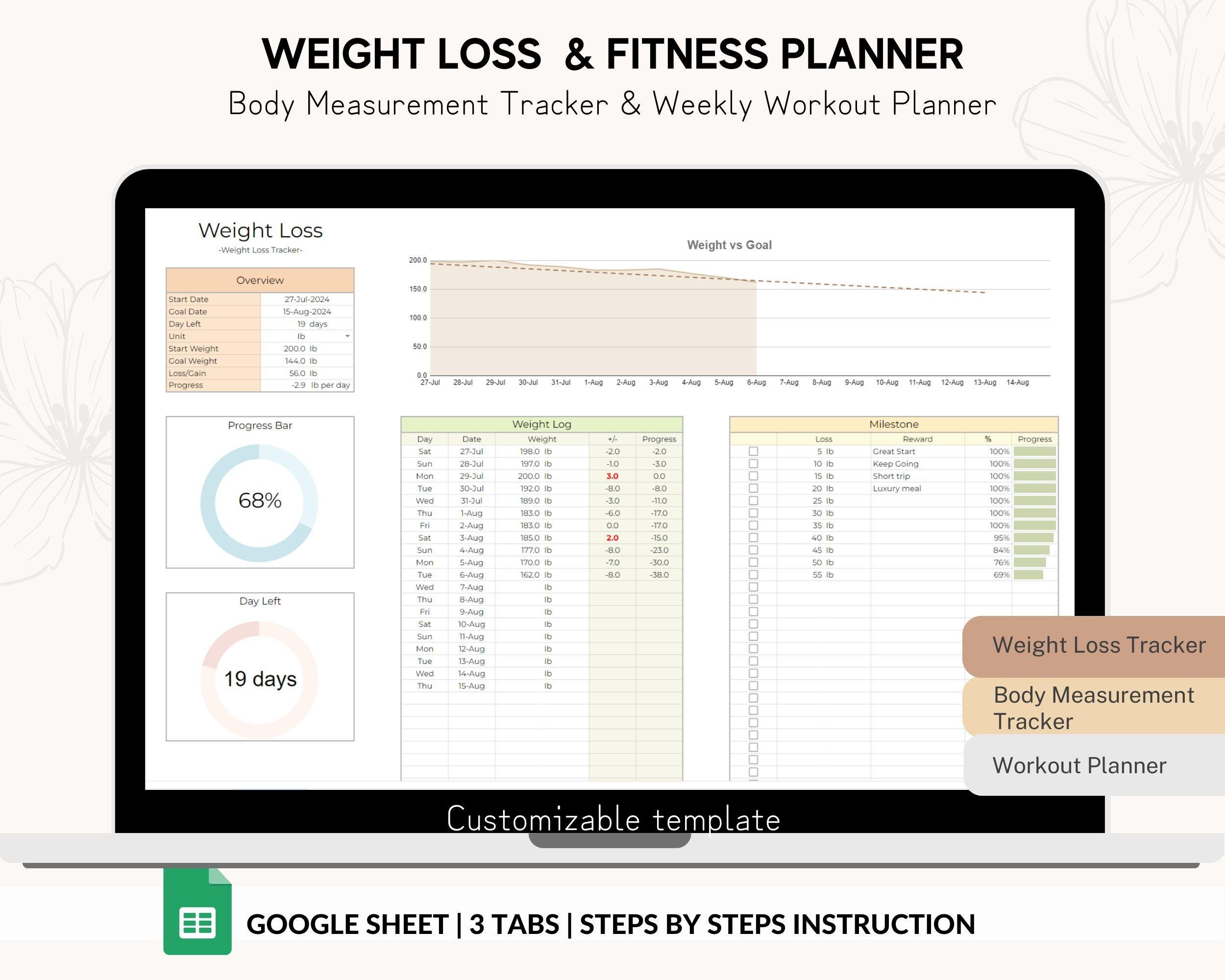 Weight Loss and Fitness Workout Planner Google Sheets Calorie Tracker Weekly Workout Spreadsheet Digital Workout Planner