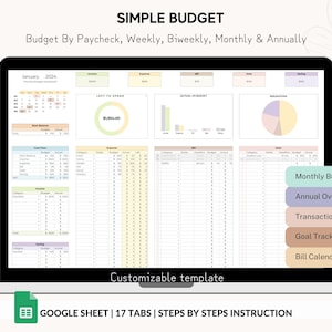 May include: A computer screen displaying a Google Sheet template for a simple budget. The template includes tabs for monthly budget, annual overview, transaction log, goal tracker, and bill calendar. The sheet is customizable and includes a calendar for January 2024.