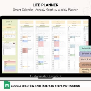 Life Planner Google Sheet con calendario intelligente, pianificatore annuale, calendario, monitoraggio delle abitudini e dell'umore, pianificatore mensile e settimanale, organizzatore digitale