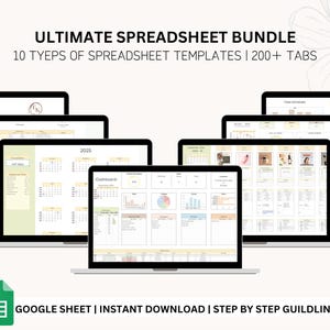 Może przedstawiać: Zbiór 10 różnych szablonów arkuszy kalkulacyjnych Google, każdy z wieloma kartami, do organizowania i zarządzania różnymi zadaniami. Szablony obejmują kalendarz, pulpit nawigacyjny i harmonogram zajęć. Tekst "ULTIMATE SPREADSHEET BUNDLE" i "10 TYEPS OF SPREADSHEET TEMPLATES | 200+ TABS" jest wyświetlany u góry obrazu. Tekst "GOOGLE SHEET | INSTANT DOWNLOAD | STEP BY STEP GUILDLINE" jest wyświetlany u dołu obrazu.
