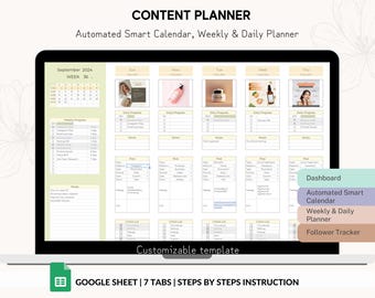 Op de afbeelding: Een computerscherm met een Google Sheet-sjabloon voor een contentplanner. De sjabloon bevat een kalender, week- en dagplanners en een volgers-tracker. De tekst "CONTENT PLANNER" staat bovenaan het scherm. De tekst "Automated Smart Calendar, Weekly & Daily Planner" staat onder de titel. De tekst "Customizable template" staat onderaan het scherm. De tekst "GOOGLE SHEET | 7 TABS | STEPS BY STEPS INSTRUCTION" staat onder de sjabloon.