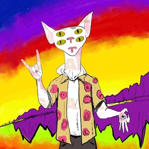 Könnte beinhalten: Eine weiße Katze mit vier Augen und einer rosa Nase, die ein beiges Hemd mit rosa Blumen und eine schwarze Hose vor einem farbenfrohen Sonnenuntergangs-Hintergrund trägt.