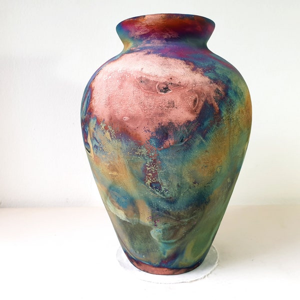 Copper matte Raku vase , Large vase , 2.5 liters volume , pottery , American Raku Artwork