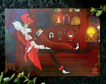May include: A red and white cartoon character with horns sits on a red velvet couch with another cartoon character. The couch is in a room with a dark red wallpaper and a variety of decorative items on the walls. The text "KAIIG - OF - DOOM" is in the bottom right corner of the image.