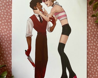May include: A digital illustration of two people. One person is wearing a red shirt, brown pants, and holding a bloody knife. The other person is wearing a pink and white striped top, black shorts, and black thigh-high boots. The text "KAIGA of DOOM" is in the bottom left corner of the image.