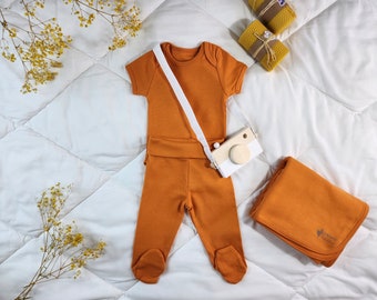Completo per bebè in cotone biologico certificato (0-3 mesi) / tutina per bebè bio + pantaloni + coperta per bebè / completo estivo per neonato che torna a casa