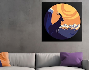 Lámina artística; póster de viaje; vintage; cabra montés; Alpes; panorama; nieve; montañas; sol; pasto alpino; impresión en lienzo; Rey de los Alpes; Valais; Grisones