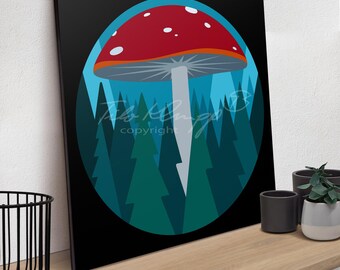 Fly agaric; forest; Black Forest; fairy tale; lucky mushroom; fir tree; luck; art print; vintage poster; Little Red Riding Hood; resin; legend; wood; canvas print