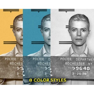 David Bowie Mugshot Print | Mugshot of David Bowie taken at Rochester Police Department 1976 | Retro Styles | Premium Quality Print