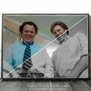 May include: A black and white photo of two men, one in a blue shirt and a striped tie, the other in a white shirt. The photo is split diagonally, with the left side in color and the right side in black and white. The text "PLEASE CHOOSE COLOR or B&W FROM DROP-DOWN MENU" is at the bottom of the image.
