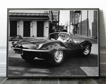 Steve McQueen Druck | Steve McQueen mit seinem Jaguar XKSS | 1962 | Vintage | Hochwertiger Druck
