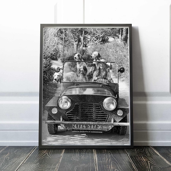 Brigitte Bardot Print | Driving with her dogs | Vintage | Premium Quality Print