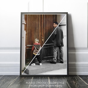 May include: A black and white photo of a father and son standing in front of a wooden door. The father is wearing a dark jacket and the son is wearing a red and blue jacket. The photo is split diagonally, with the top half in color and the bottom half in black and white. The text "PLEASE CHOOSE COLOR/STYLE FROM DROP-DOWN MENU" is at the bottom of the image.