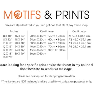 May include: A chart showing standard sizes for prints in inches and centimeters. The chart includes both US letter and A series paper sizes. The text reads "Motifs & Prints" and "Sizes are standardized so you can get one that fits at any frame shop."