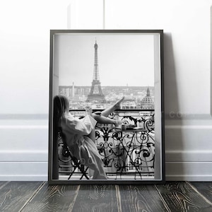 Café à Paris | Tour Eiffel et vue sur la ville de Paris depuis le balcon | France | Art mural Impression de qualité supérieure
