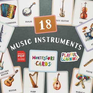 Flashcards voor montessorimuziekinstrumenten - afdrukbare educatieve kaarten voor kinderen, peuters, kleuters en thuisonderwijs