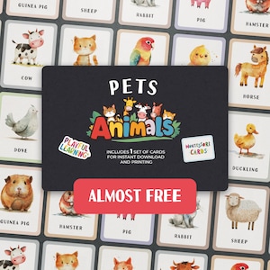 Fast freie Tiere Montessori Lern-Karteikarten für Kinder und Vorschulkinder. Perfekt für frühkindliche Bildung und Homeschooling