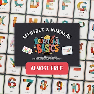 Bijna gratis educatieve basisbeginselen Montessori-flitskaarten voor leer- en thuisschoolactiviteiten voor kinderen. Perfect voor het onderwijzen van alfabetten en cijfers