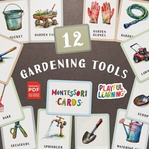 Cartes mnémotechniques d'outils de jardinage Montessori - Cartes éducatives imprimables pour enfants, tout-petits, apprentissage préscolaire, activités d'école à la maison