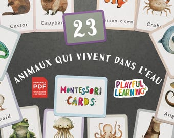 Cartes Éducatives Montessori Animaux Qui Vivent dans l'Eau - Cartes Imprimables pour l'Apprentissage des Enfants, École à la Maison