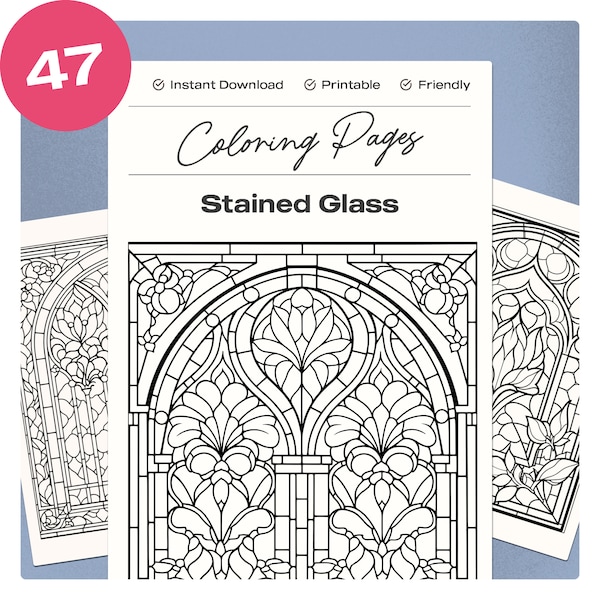 Stained Glass Collection Coloring Page, Arch Window, Flowers Outline, Plant Patterns, Mosaic Print, Geometric Art,  Coloring Book