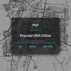 Paquete de 26 mapas vectoriales de ciudades populares de EE. UU. en blanco y negro, estilo moderno y minimalista, colección de arte de topografía urbana para pósteres y decoración de paredes.