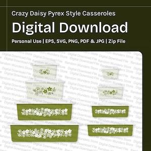 Könnte beinhalten: Digitaler Download von Crazy Daisy Pyrex-Casseroles. Das Bild zeigt verschiedene Größen von Auflaufformen mit einem weißen Gänseblümchen-Blumenmuster auf grünem Hintergrund. Enthält Dateiformate: EPS, SVG, PNG, PDF & JPG.