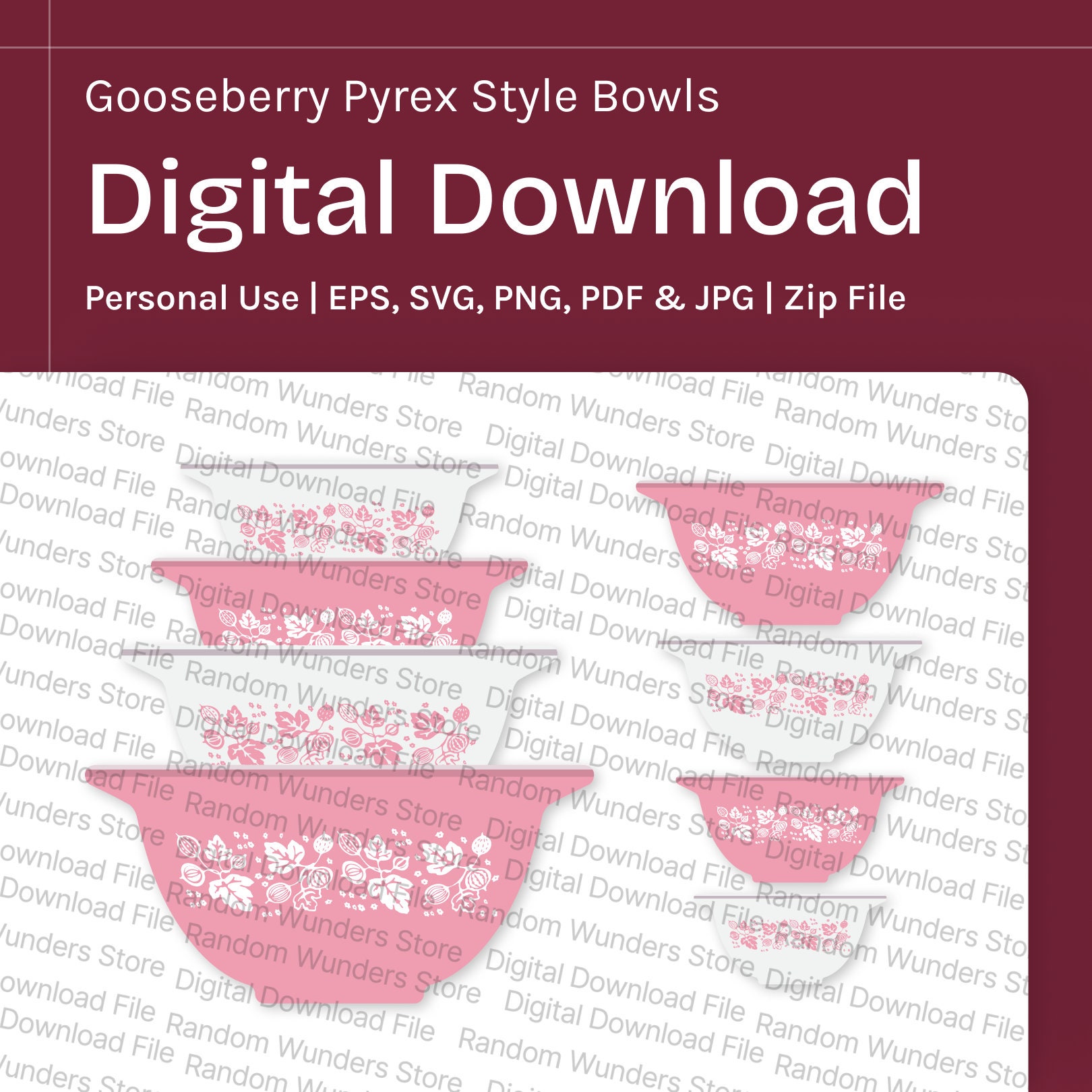 Digital File Download Pyrex Bowl Gooseberry Pink Vintage Art png eps, pdf, jpg Cricut Design