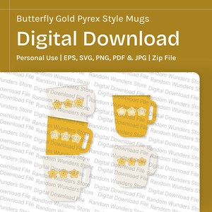Pyrex Pattern Butterfly Gold Flowers Cups Mugs SVG Digital File Download Vintage Art png eps, pdf, jpg Cricut Design Illustration