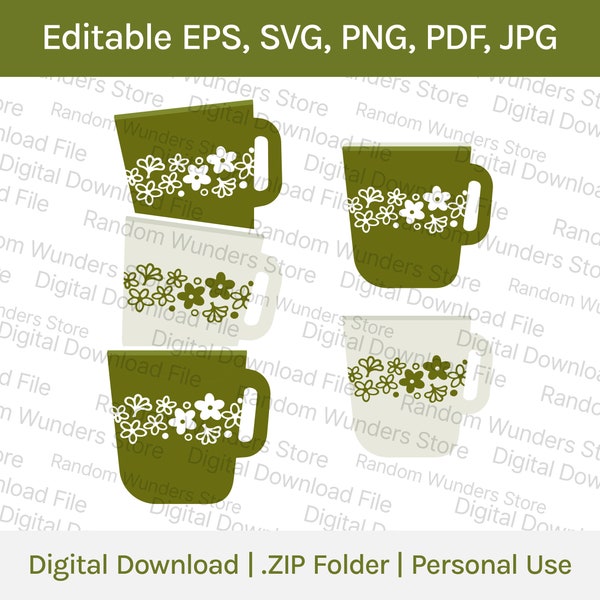 Pyrex Pattern Crazy Daisy Cups Mugs SVG Digital File Download Vintage Art png eps, pdf, jpg Cricut Design Illustration