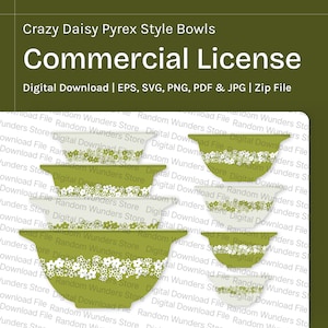 May include: A digital download of a commercial license for a set of four green and white Pyrex-style bowls with a daisy pattern. The bowls are stacked on top of each other. The text "Crazy Daisy Pyrex Style Bowls" and "Commercial License" is displayed on the image.