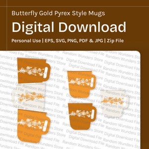 Könnte beinhalten: Digitaler Download mit orangefarbenen Tassen mit einem Schmetterlings- und Blumendesign. Die Tassen haben einen Henkel und sind mit weißen Blumenmustern verziert. Der Text "Digital Download" ist deutlich sichtbar.