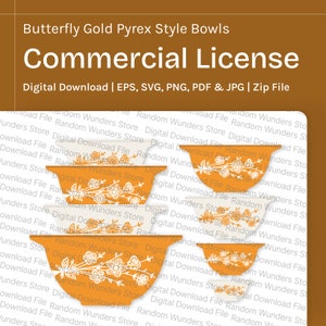 Könnte beinhalten: Ein Bild mit vier orangefarbenen und weißen Schalen im Pyrex-Stil mit einem Schmetterlings- und Blumendesign. Der Text lautet "Butterfly Gold Pyrex Style Bowls" und "Commercial License".
