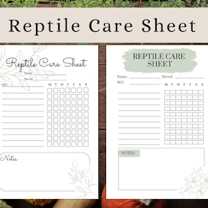 May include: Printable reptile care sheet with sections for name, breed, weight, notes, and a daily checklist. The sheet has a green and white floral design.