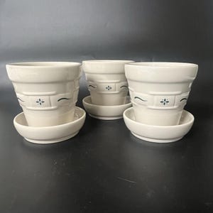 Longaberger Pottery Set 3 Green Woven Traditions Flower Pot w/ Saucers