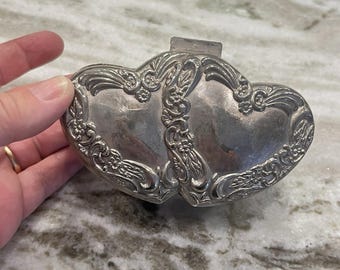 Vintage Silver Plated Double Heart Ornate Trinket Jewelry Box