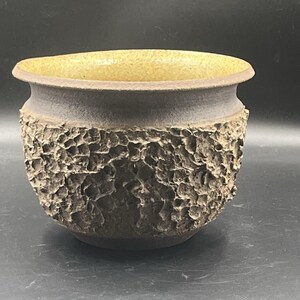 May include: A handcrafted ceramic pot with a textured, bark-like exterior. The rim and interior are a contrasting yellow-tan color. The pot has a wide, open mouth and a rounded body, suitable for plants or decorative use.