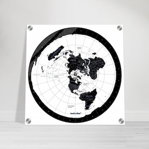 Gleason's 2025 platte kaart met moderne randen in wit en zwart | Acrylmuurkunst Full HD-kaart | Azimuthal equidistante wereldkaart