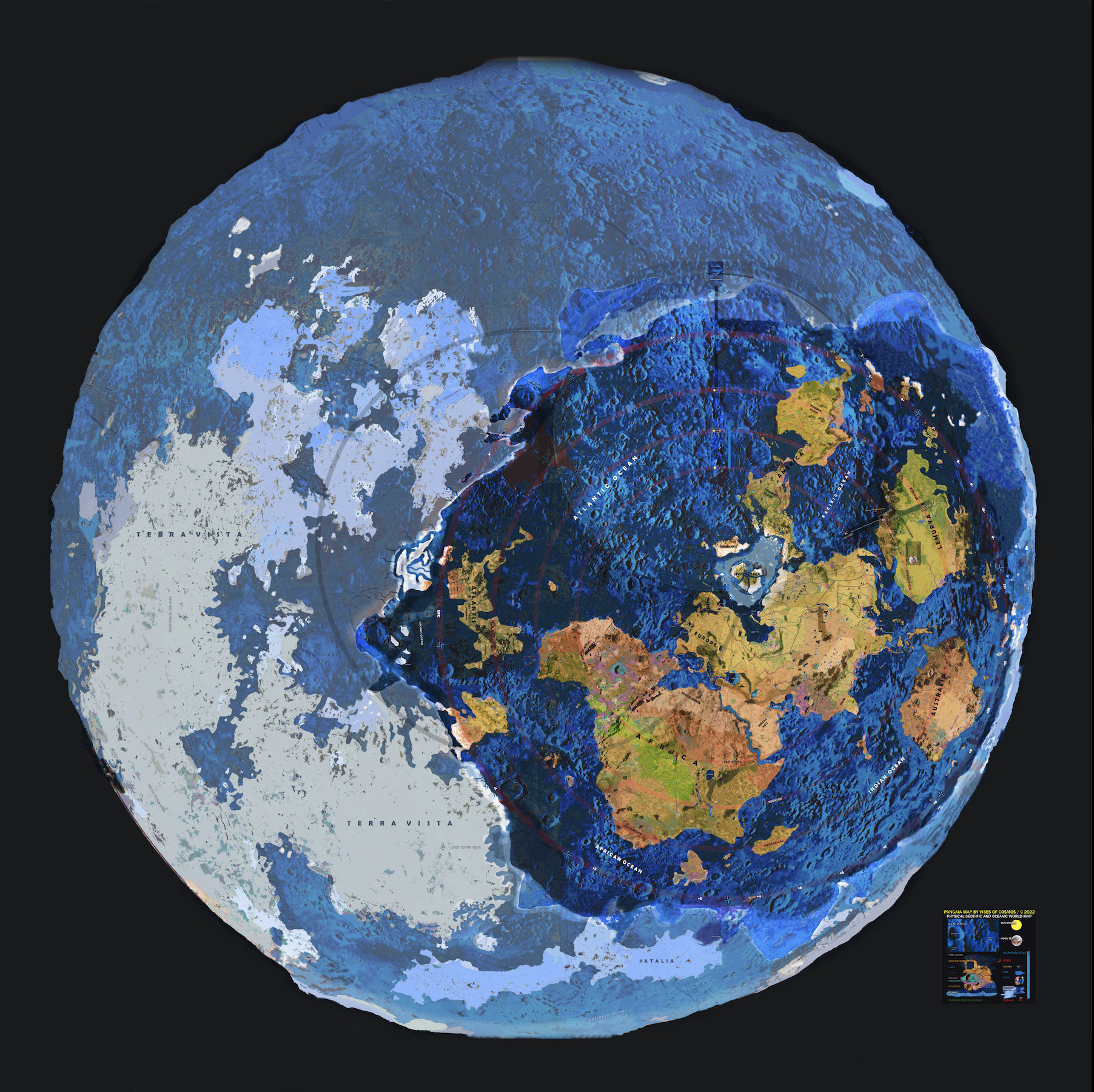 Erde Abbildung Plasma Mond Pangaia Selenografic Flat Earth Ewaranon | Physische, Geodische und Ozeanische Weltkarte Digitaler Download