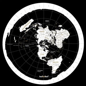 2025 True Flat Earth Map of the World met moderne randen - azimutale equidistante kaart gebaseerd op Gleason's Map of the World (zwart-wit)