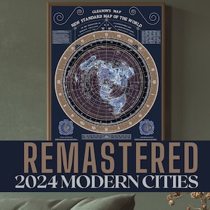 Gleason's New Standard Map of the World 2024 Remastered - Flat Earth Map digitale download marine gouden variant