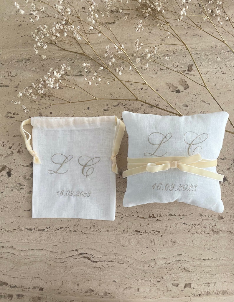 Wedding ring holder cushion, wedding ring cushion and embroidered bag. PACK image 2