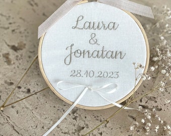 Round wood hoop frame. Ring holder. Custom embroidered wedding ring frame.